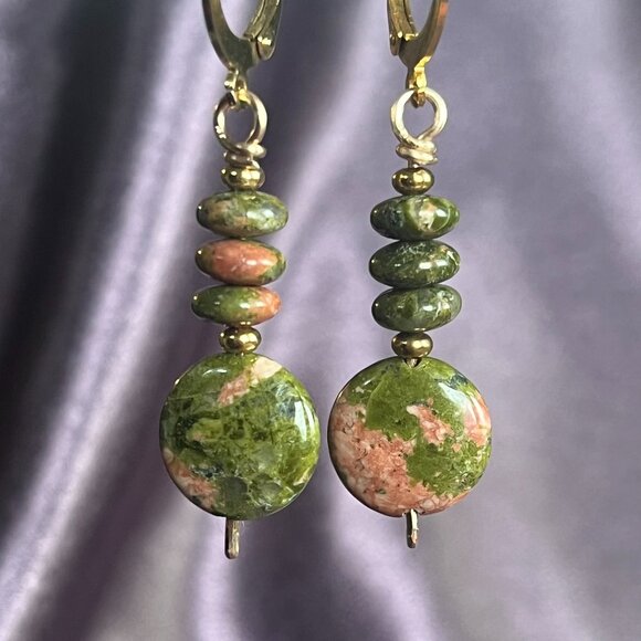 Gemstone Earrings, Unakit, Green and Pink Natural Gemstone Dangle Earrings - Picture 4 of 5